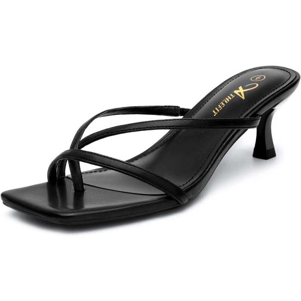 Athlefit Women's Black Polyurethan Square Open Toe Kitten Heels Thong Sandals